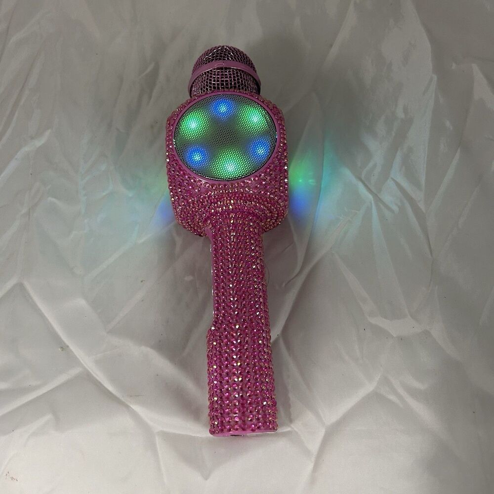 Pink Rhinestone Bluetooth Karaoke Microphone Speaker LED Lights Wireless - Picture 6 of 8